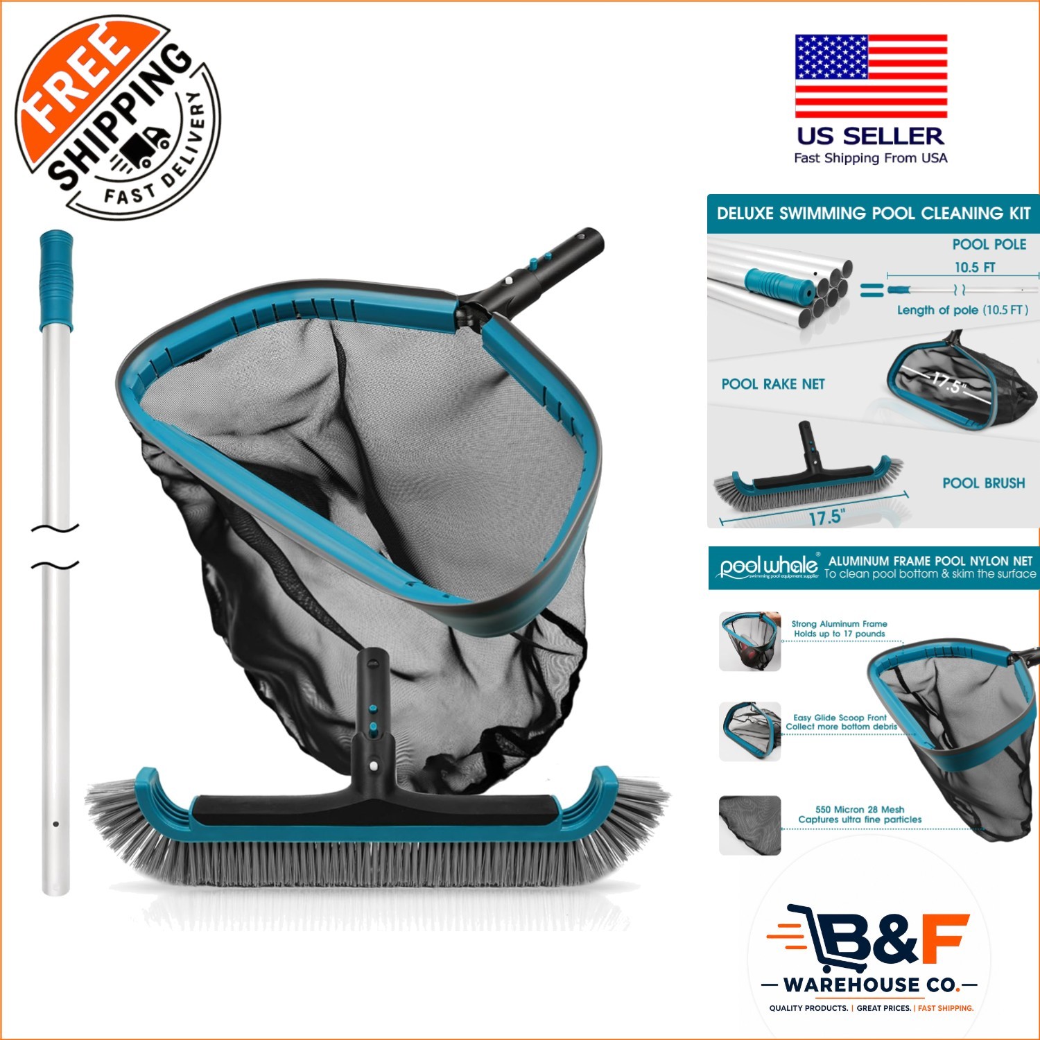 Effortless Pool Cleaning Kit with Adjustable Pole and 17.5” Brush Head Included
