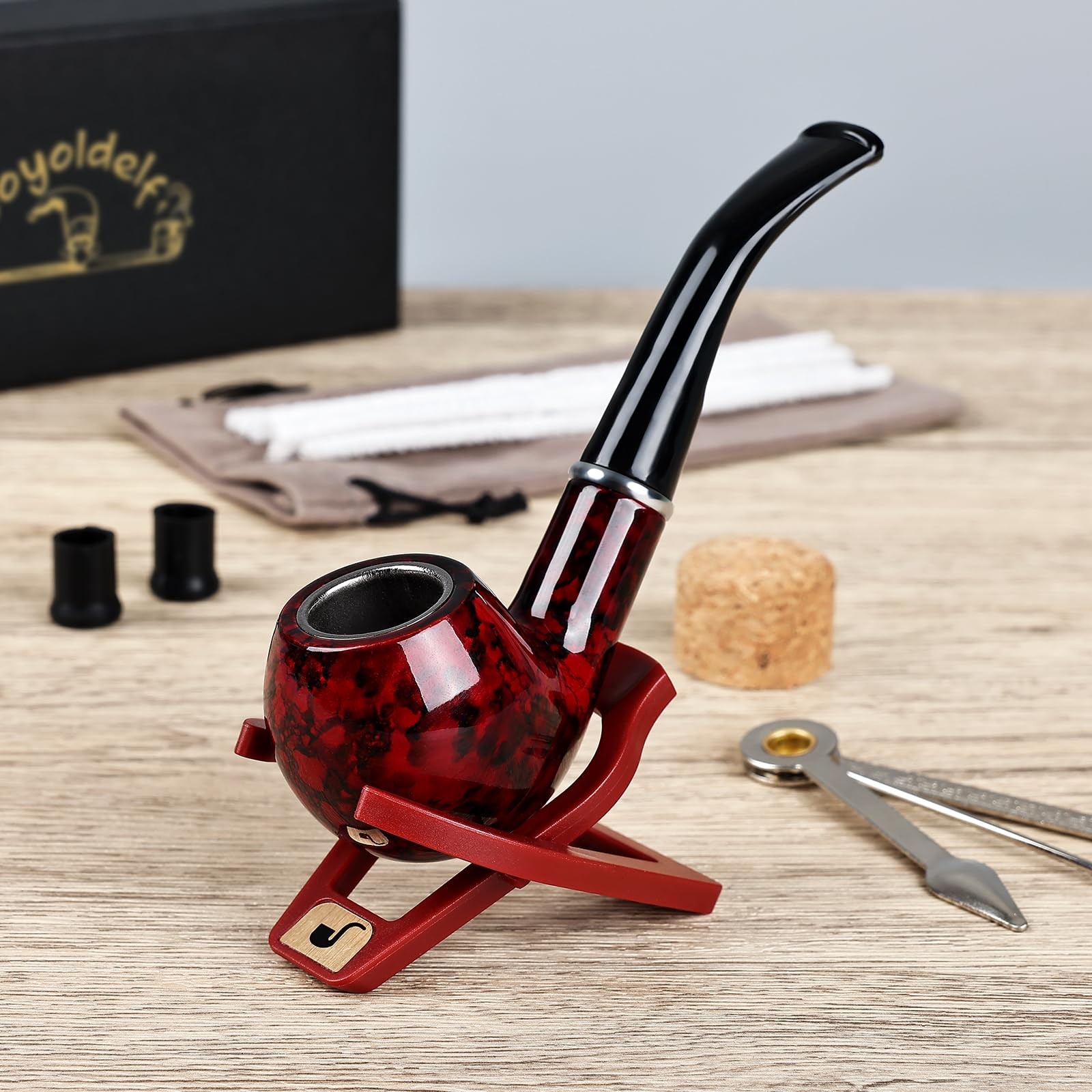 Joyoldelf Tobacco Pipe, Classic Smoking Pipe with Foldable 9 Piece Set, red