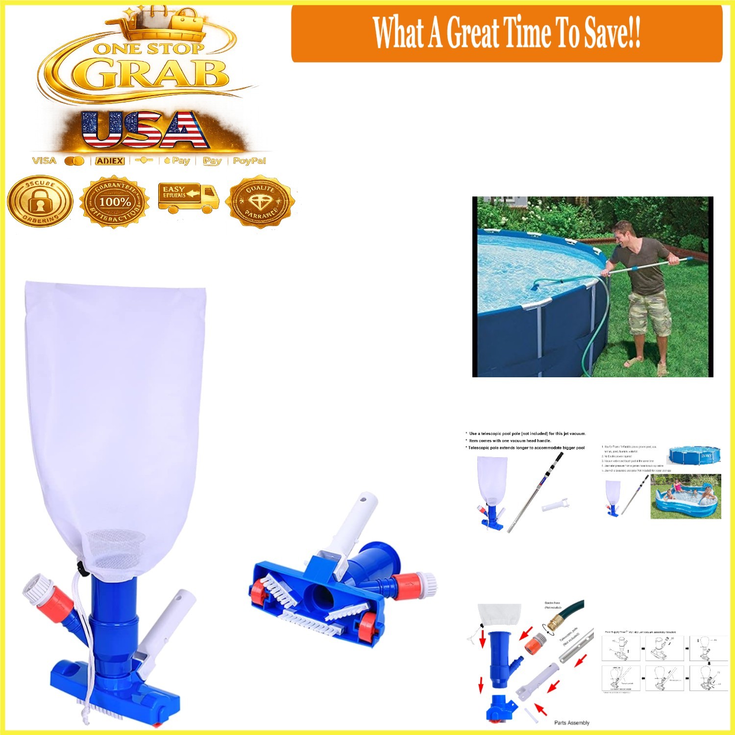 Blue Pool Spa Jet Vacuum Cleaner with Brush for Above Ground Pools