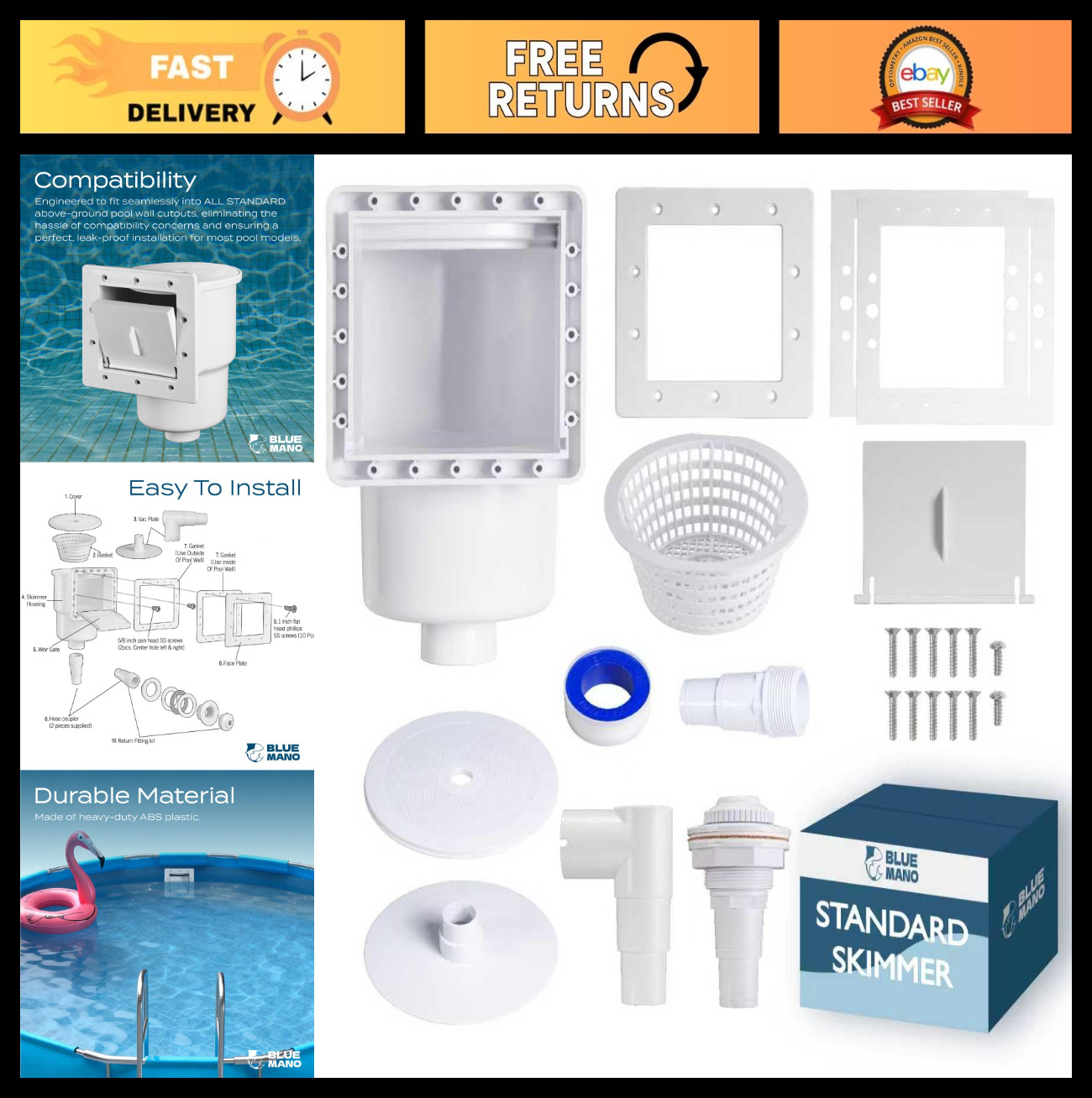 Above Ground Pool Skimmer Complete Kit – Fits Standard Walls, 6″ Opening Width