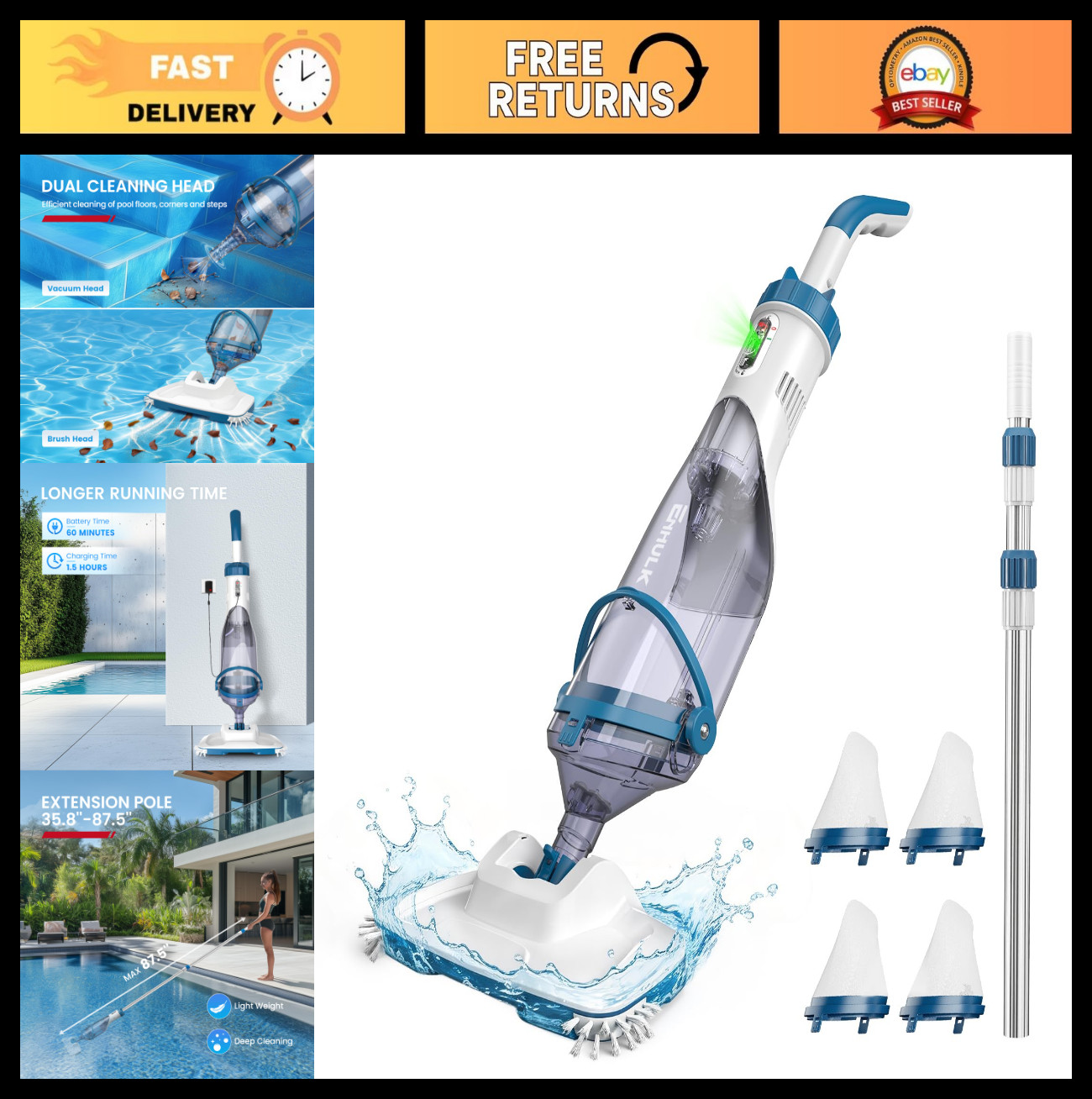 Cordless Pool Vacuum Cleaner – 13.4″ Wide Head, 18.5 GPM Suction, 60 Min Runtime