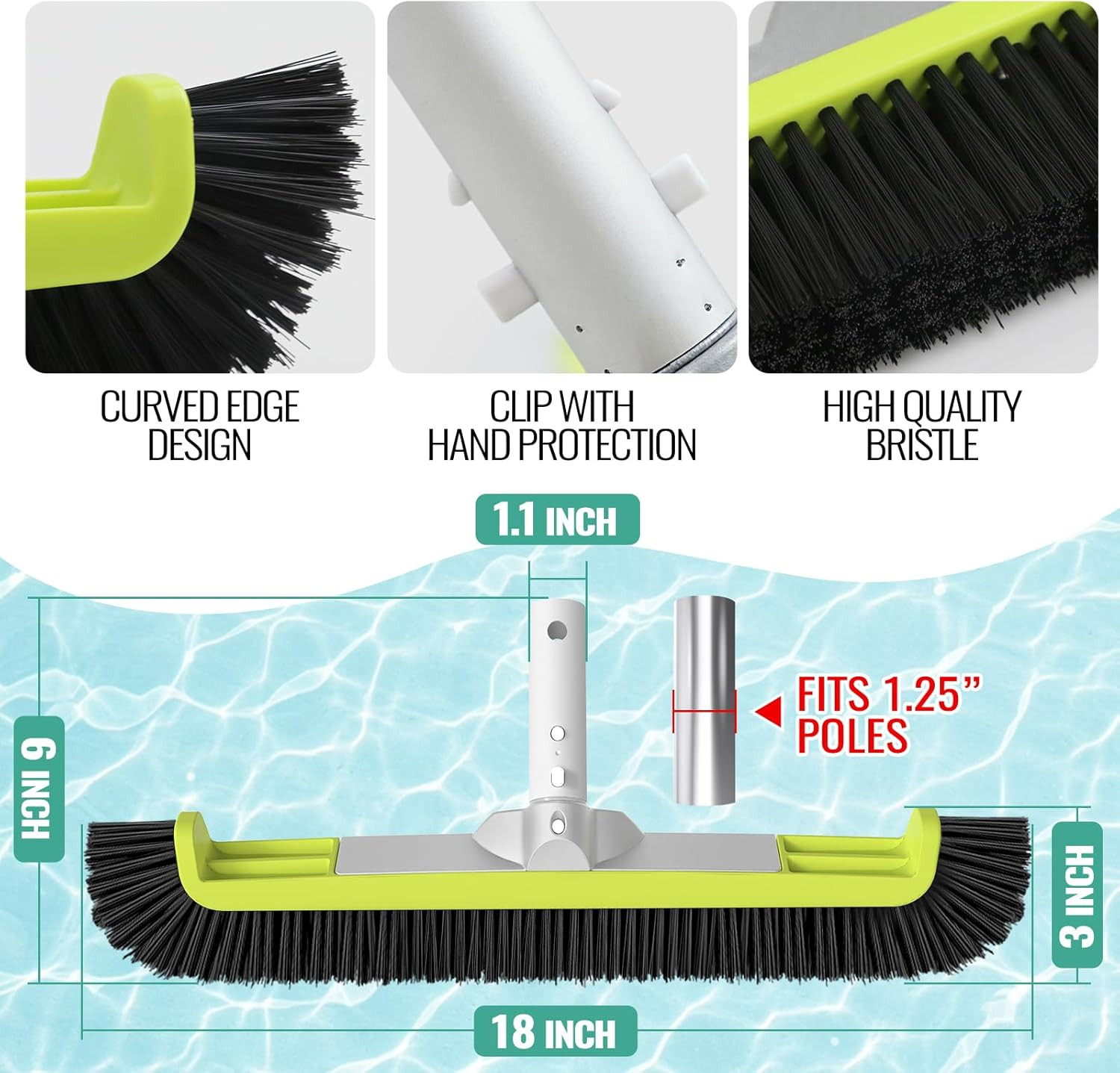 18″ Pool Brush Head for Cleaning Swimming Pool Walls, Curved Ends High-Efficienc