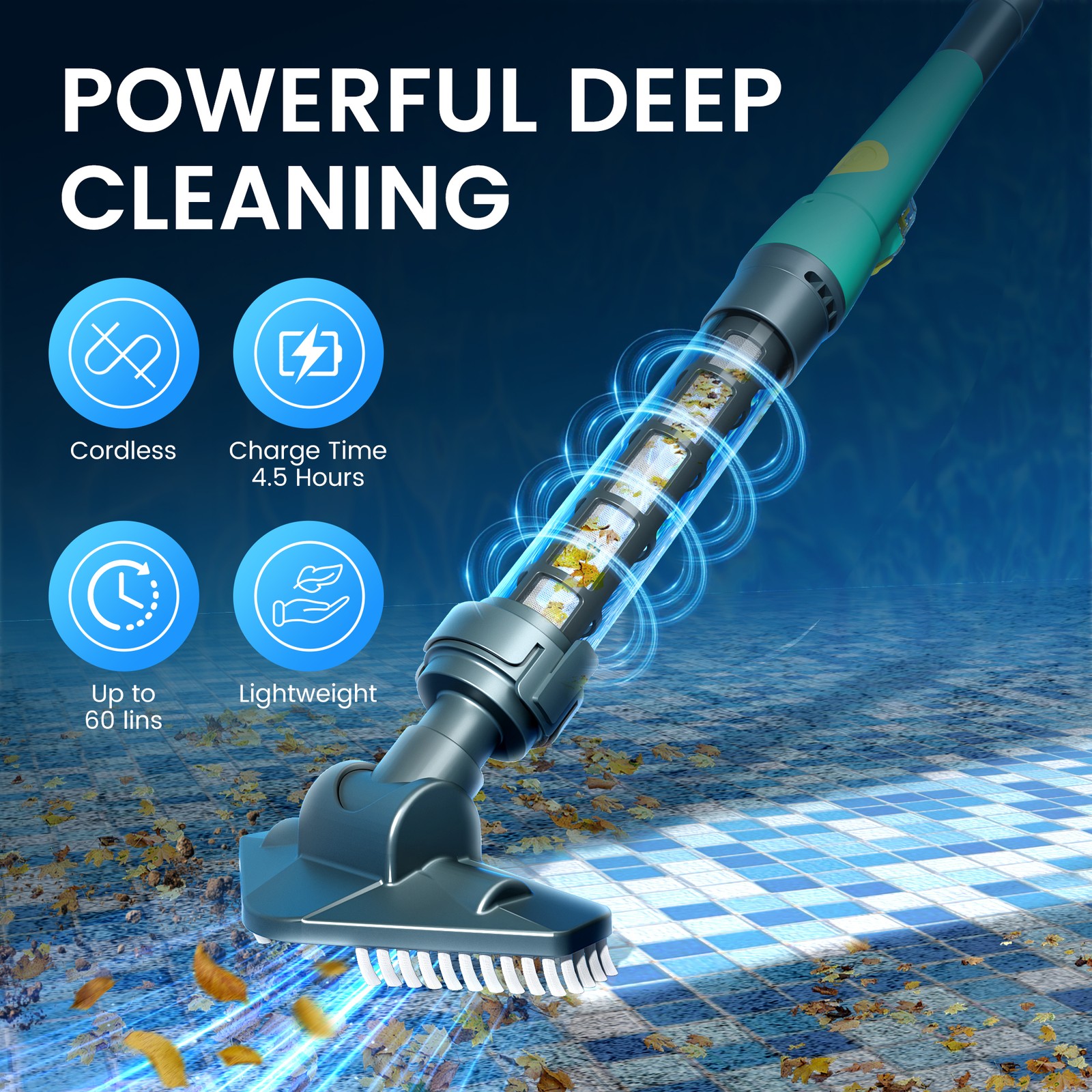 Handheld Pool Vacuum Portable Cordless Rechargeable Swimming Pool Cleaner + Pole