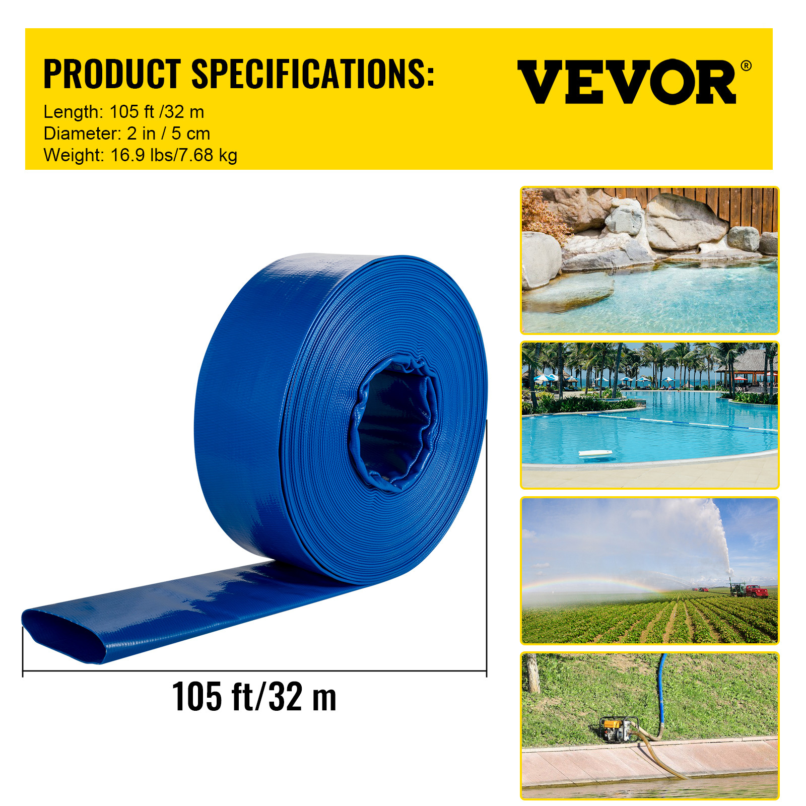 VEVOR Discharge Hose Lay Flat Hose 2″ x 105′ PVC Backwash Drain Hose w/Clamp