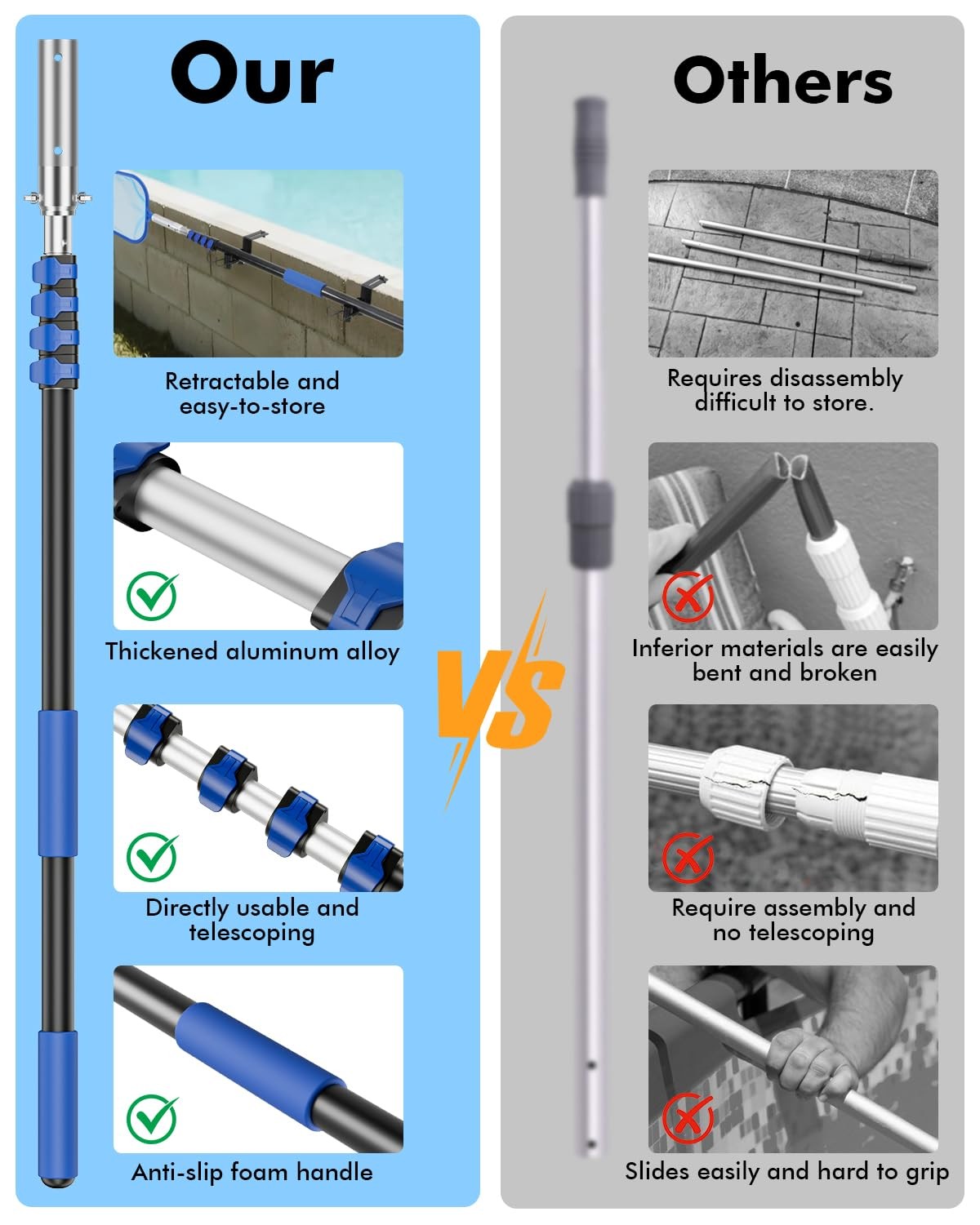 Pool Pole Telescopic 16FT Heavy Duty Upgraded Aluminum, 16 Ft Extension/Exten…