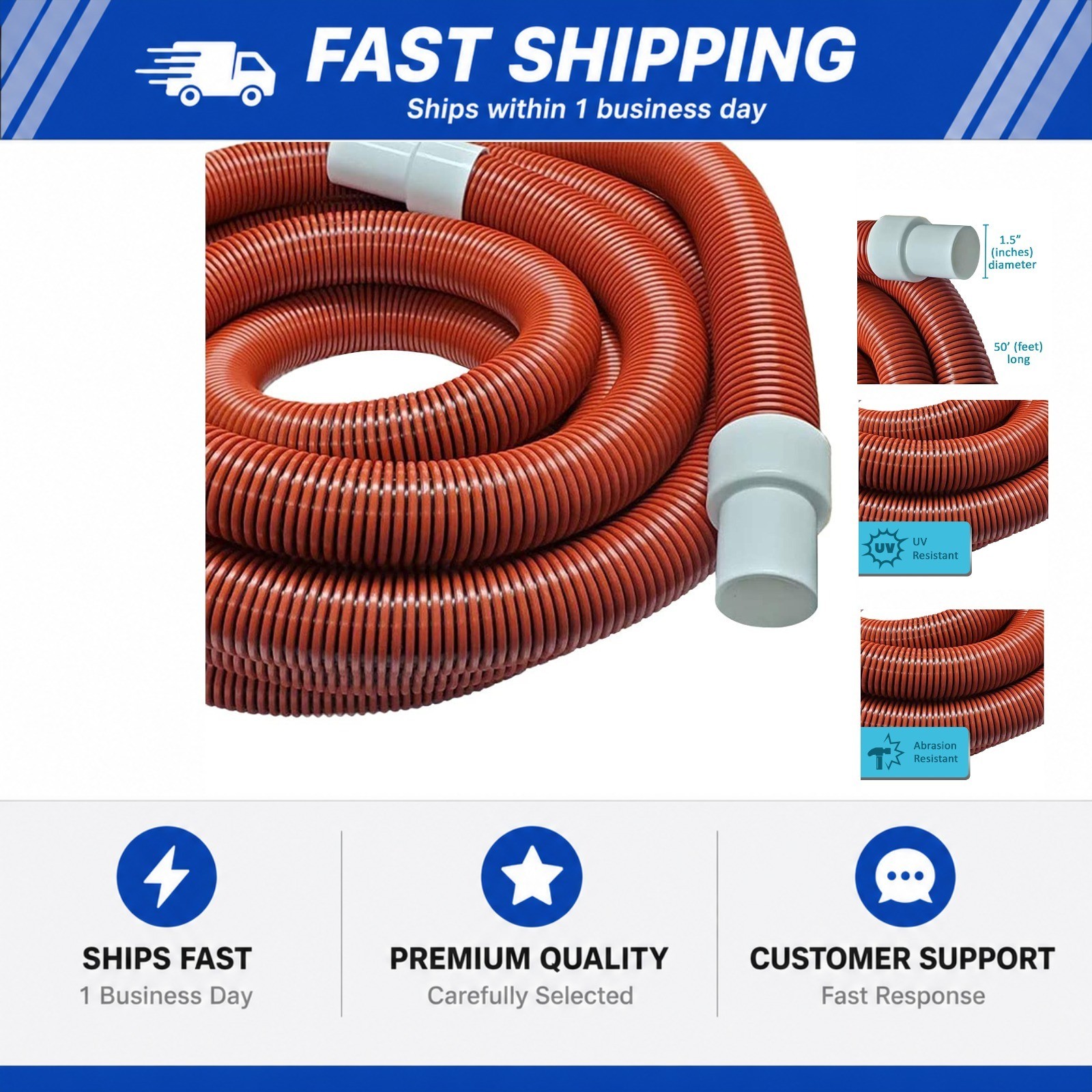Puri Tech 1.5 Inch Diameter x 50 Feet Long Heavy Duty Commercial Grade Vacuum
