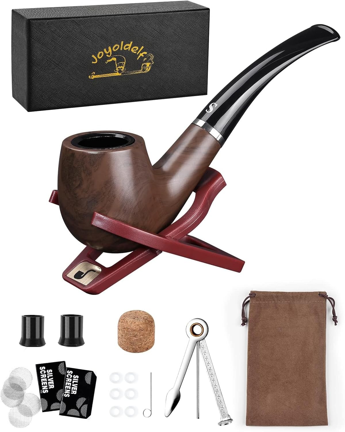 Joyoldelf Tobacco Pipe Set, Short Handle Curved Smoking with brown