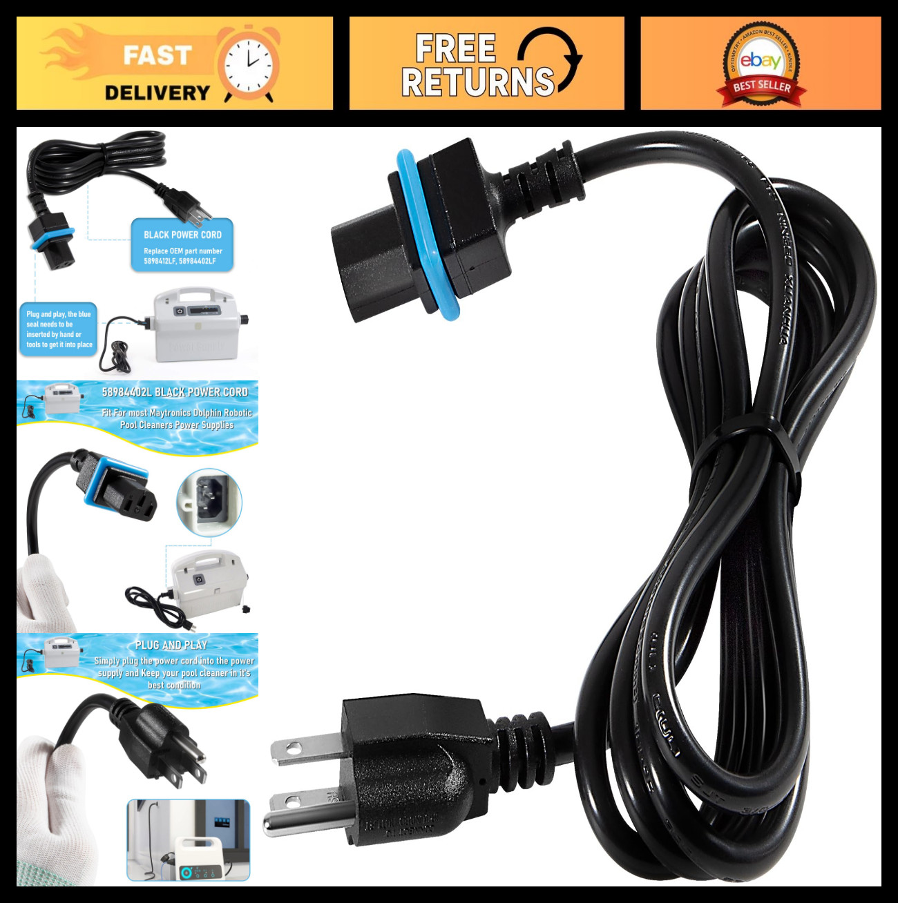 Black Power Cord Digital Supply Cable for Dolphin Pool Cleaners – Replacement 58