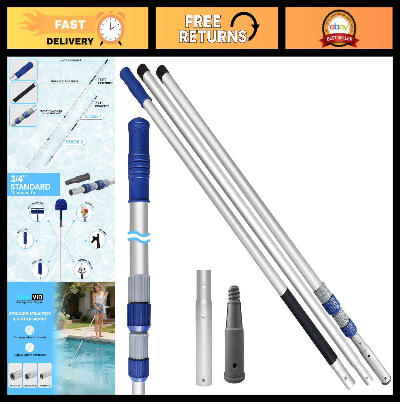 15FT Telescopic Pool Cleaning Pole – 3-Piece, Universal Threaded Tips, 2-in-1 De