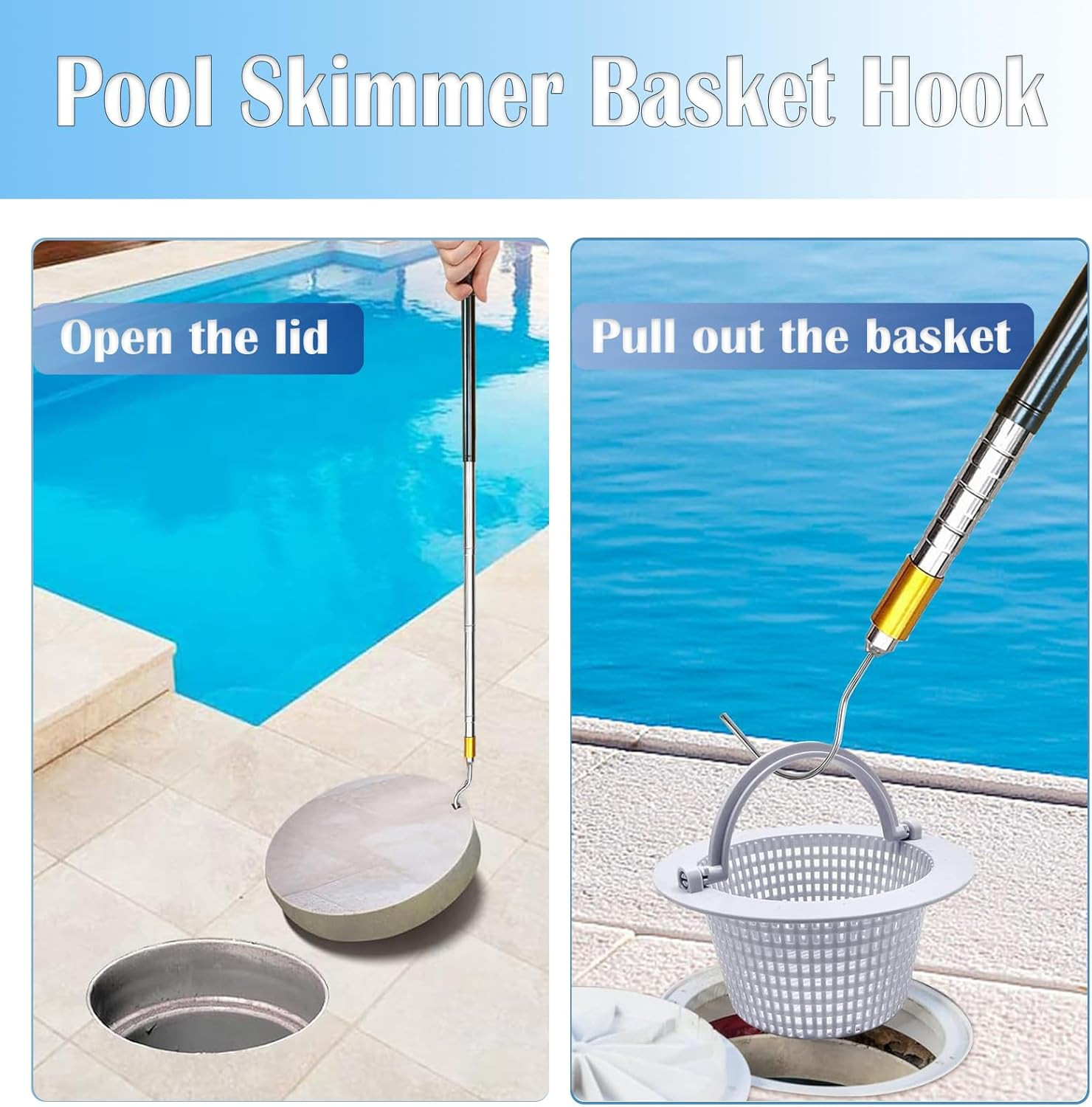 Extendable Pool Skimmer Basket Hook Pole 63 Inch – Stainless Steel