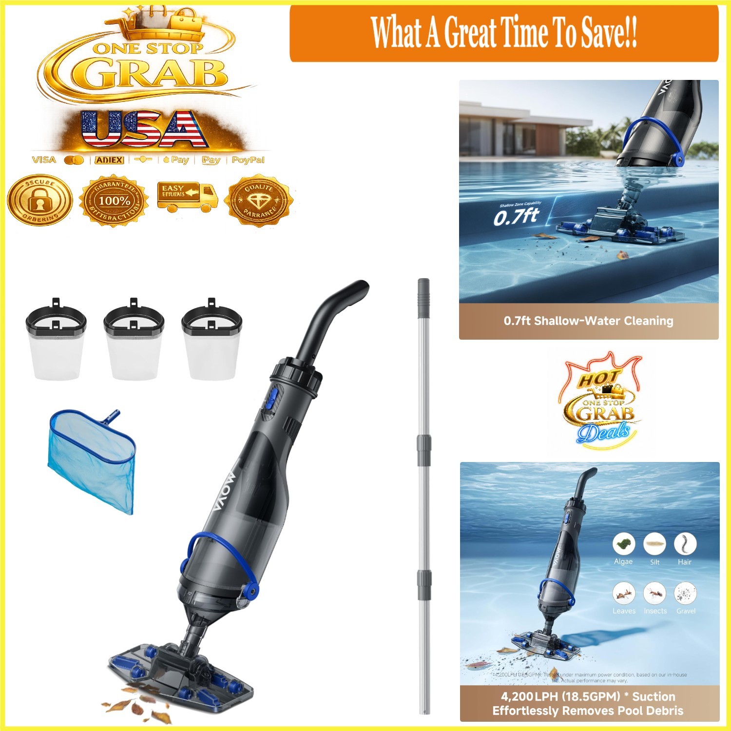 Handler V10 Cordless Pool Vacuum 18.5 GPM Suction Telescopic Pole & Skimmer Net