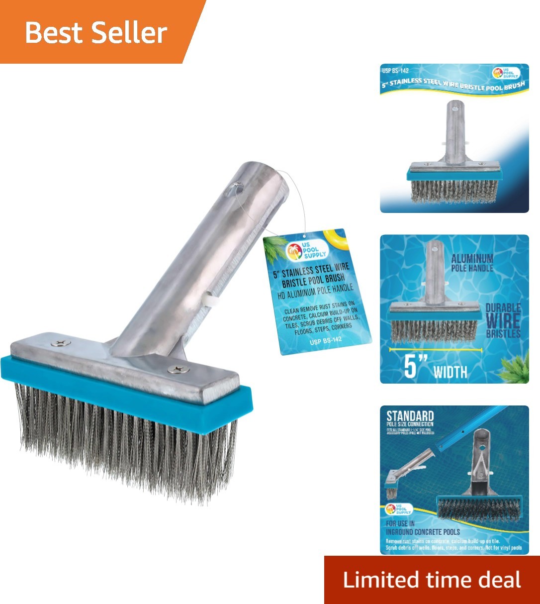 Professional 5″ Pool Scrub Brush – Stainless Steel for Calcium Buildup Removal