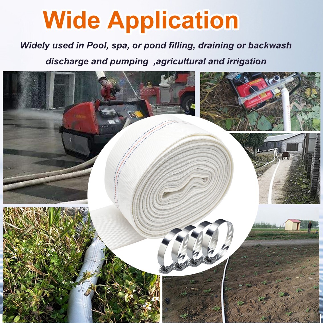 Water Discharge Backwash Pool Hose 3″ in inch x 100 FT Lay-Flat Drain Pump White