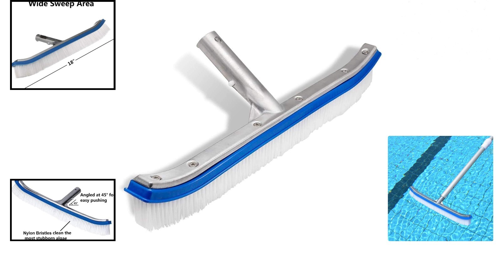 18-Inch Pool Wall & Tile Brush Heavy Duty Aluminum Nylon Bristle Cleaning Brush