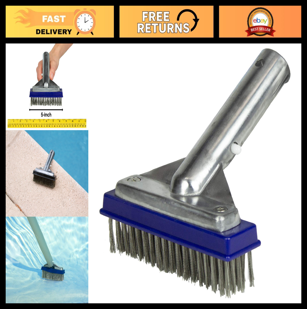 Heavy-Duty Stainless Steel Pool Algae Brush – Narrow Head for Corners & Steps
