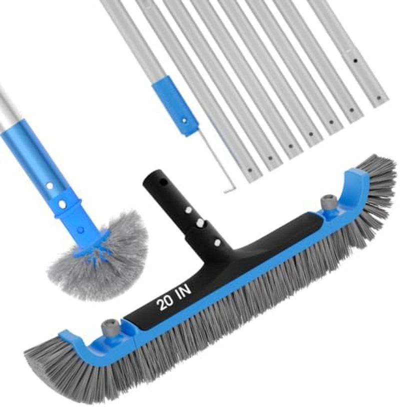 2 in 1 Pool Brush with Poles 10Ft – 20” Heavy Duty Swimming Pool Brush & Multif
