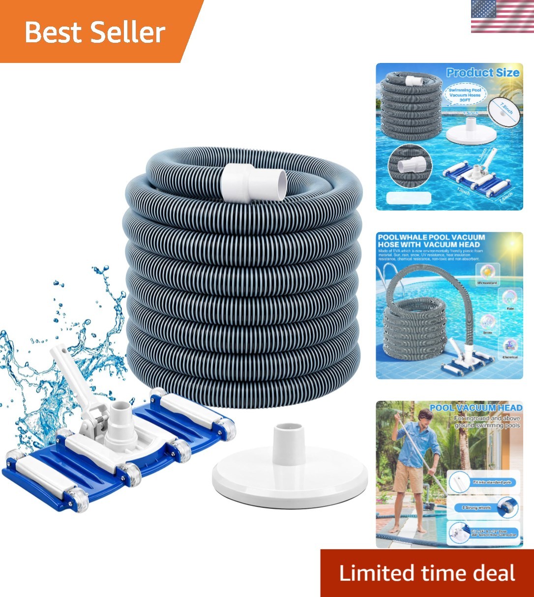 All-in-One Pool Maintenance Kit: 14″ Vacuum Head & 18ft Hose for Fast Cleaning