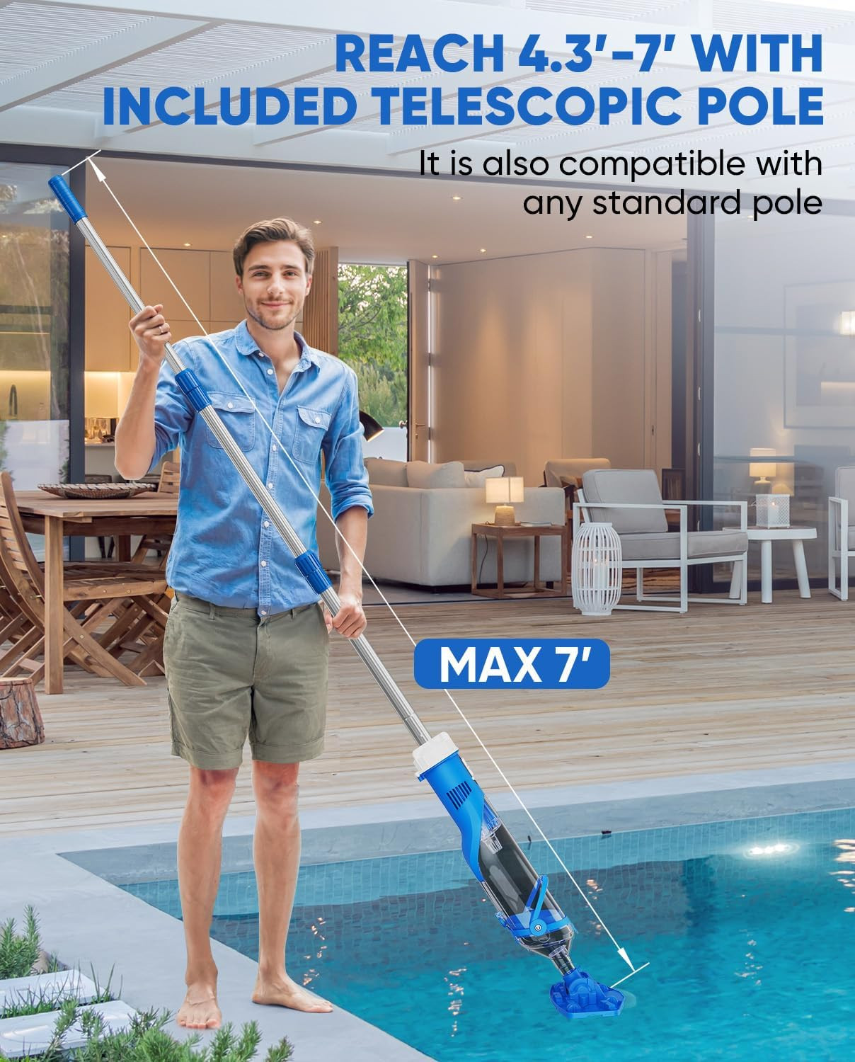 Cordless Pool Vacuum with Telescopic Pole, 18.5 GPM Powerful Suction, 1.5H Super