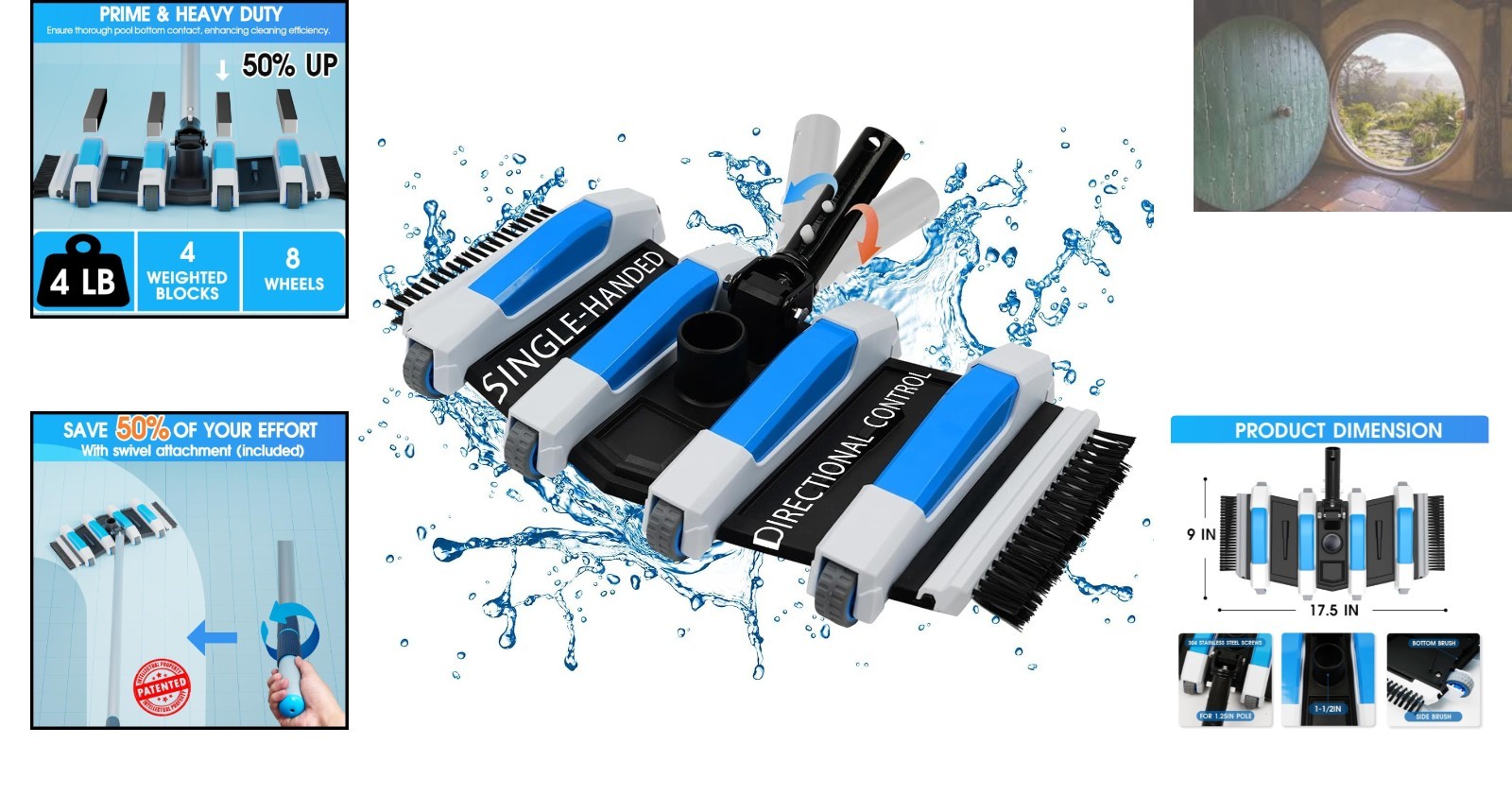 Professional Pool Vacuum Head with Directional Handle and Non-Slip Wheels – Blue
