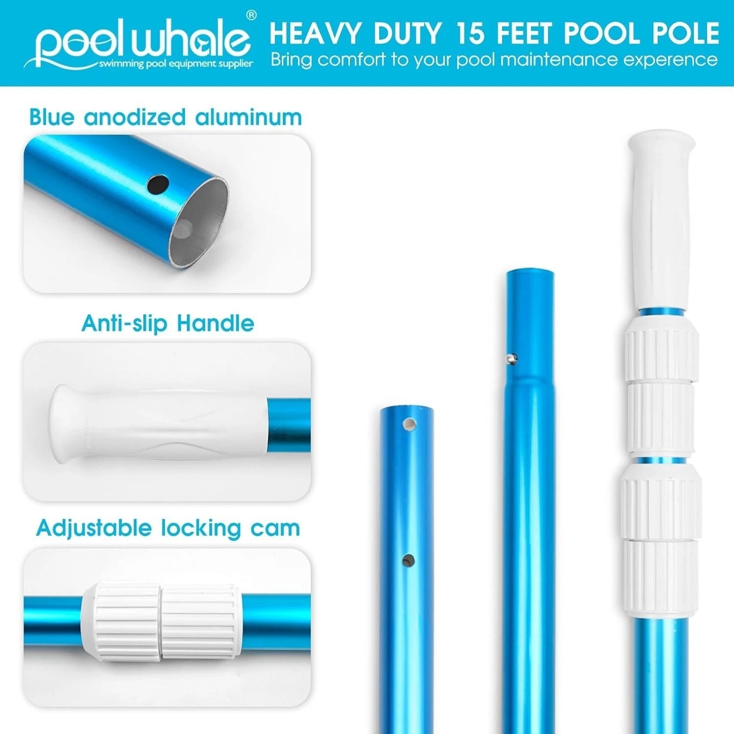 15 Foot Telescopic Swimming Pool Pole, Adjustable 3 Piece Extendable Pool Cle…