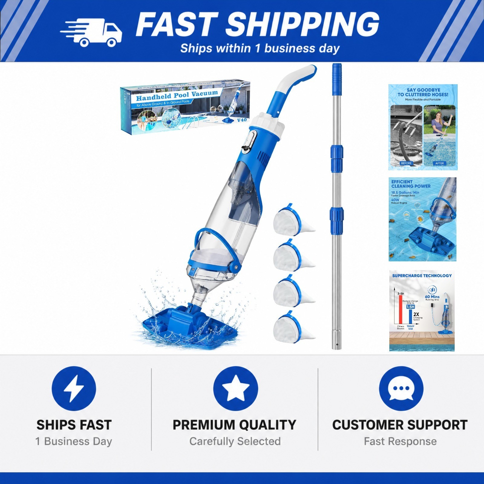 Cordless Pool Vacuum with Telescopic Pole, 18.5 GPM Powerful Suction, 1.5H