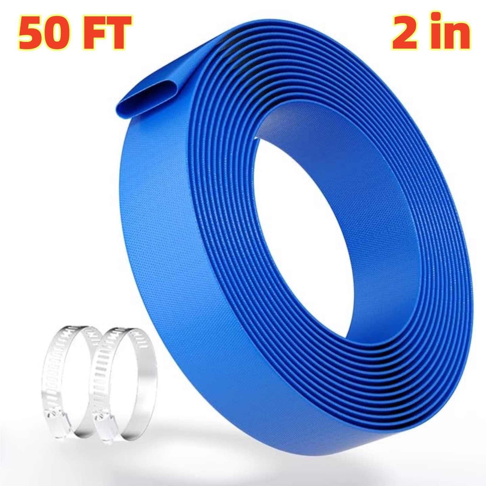 Lay Flat Discharge Hose 2inx50ft PVC Backwash Drain Hose with Clamp Hose