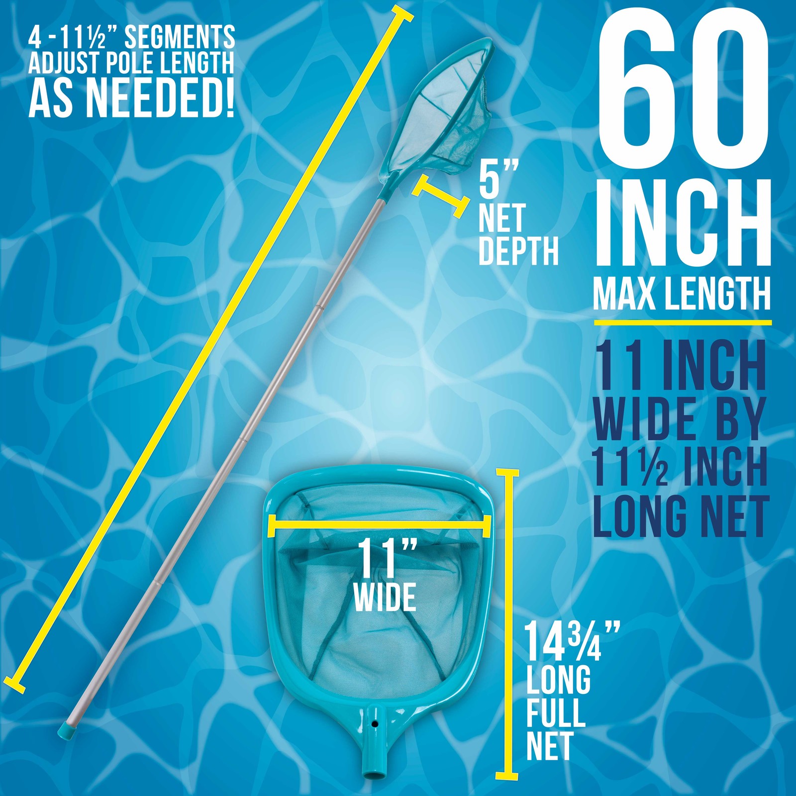 Swimming Pool 5′ Leaf Skimmer Net, 4 Pole Sections, Deep Ultra Fine Mesh Netting