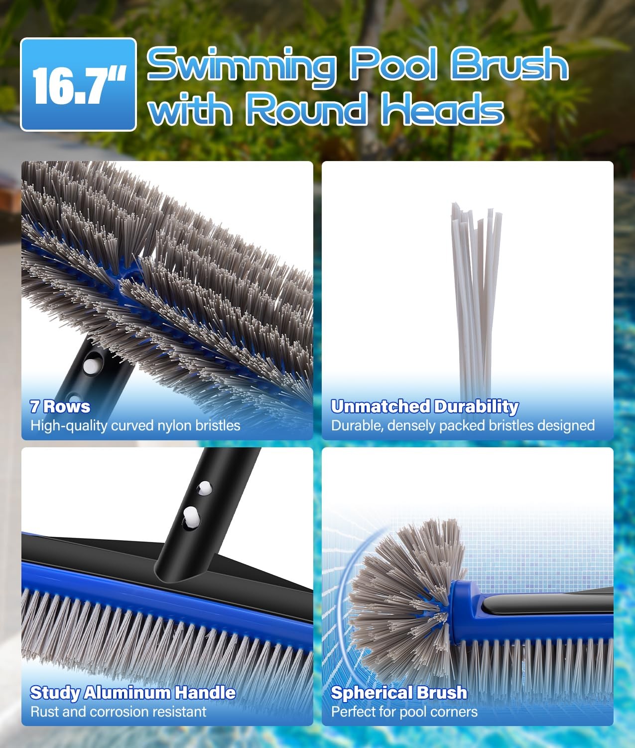 17.4” Swimming Pool Brush Head with Round Ends, EZ Clip 17.4 inches, Blue