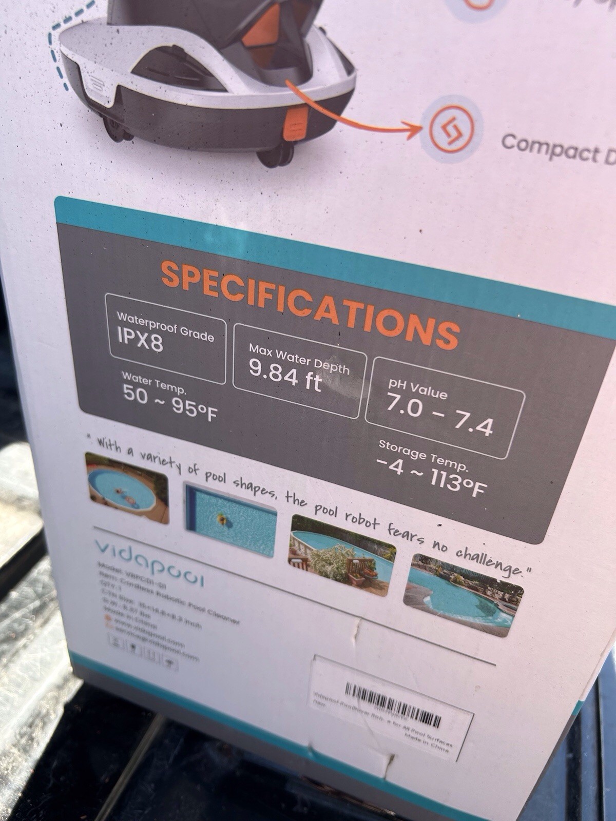 Vidapool Cordless Robotic Pool Cleaner VRPC01-02, 90min Runtime, ETL