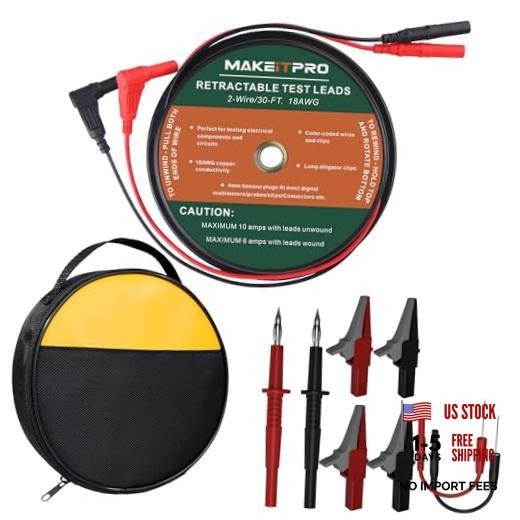Retractable Test Leads 2 Wires 30FT 18AWG 10 in 1 Kit with Cable Bag and