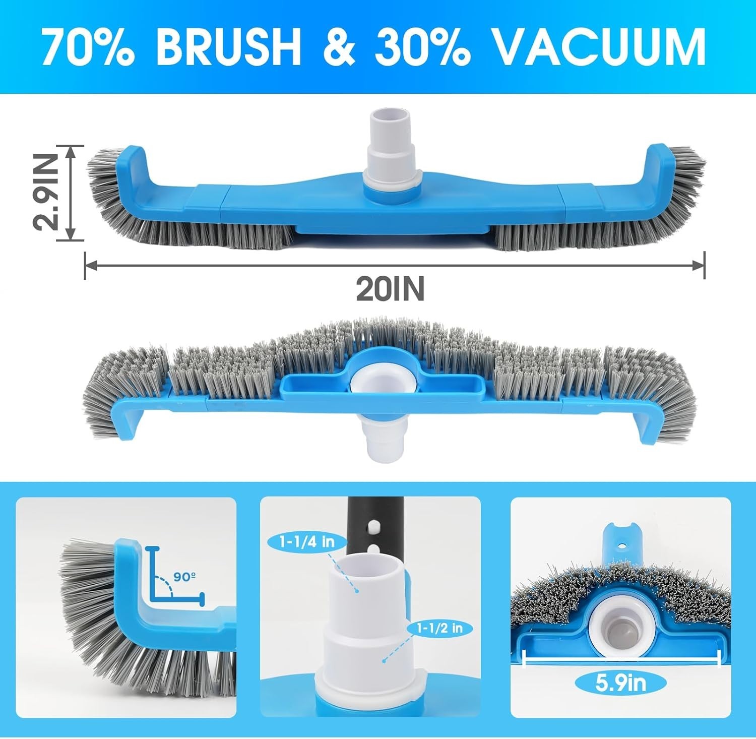 20″ 2 in 1 Pool Brush Vacuum Head with Swivel Hose Connection & Sturdy Nylon …