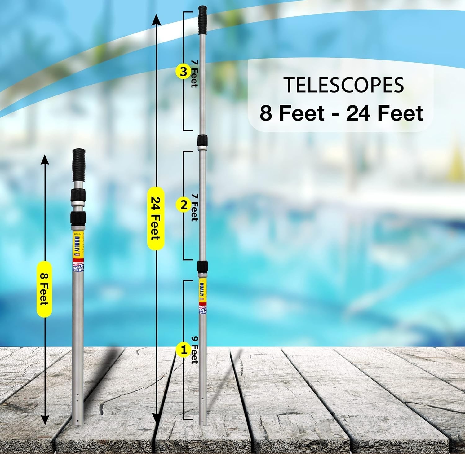 Skimlite Dually 9024 Telescopic Pool Pole 8-24 Ft Dual Locking Heavy Duty Alumin