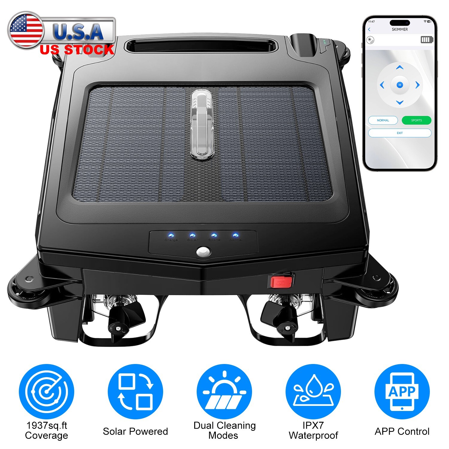 Solar Powered Robotic Pool Skimmer Swimming Pool Surface 2 Modes Surface &APP