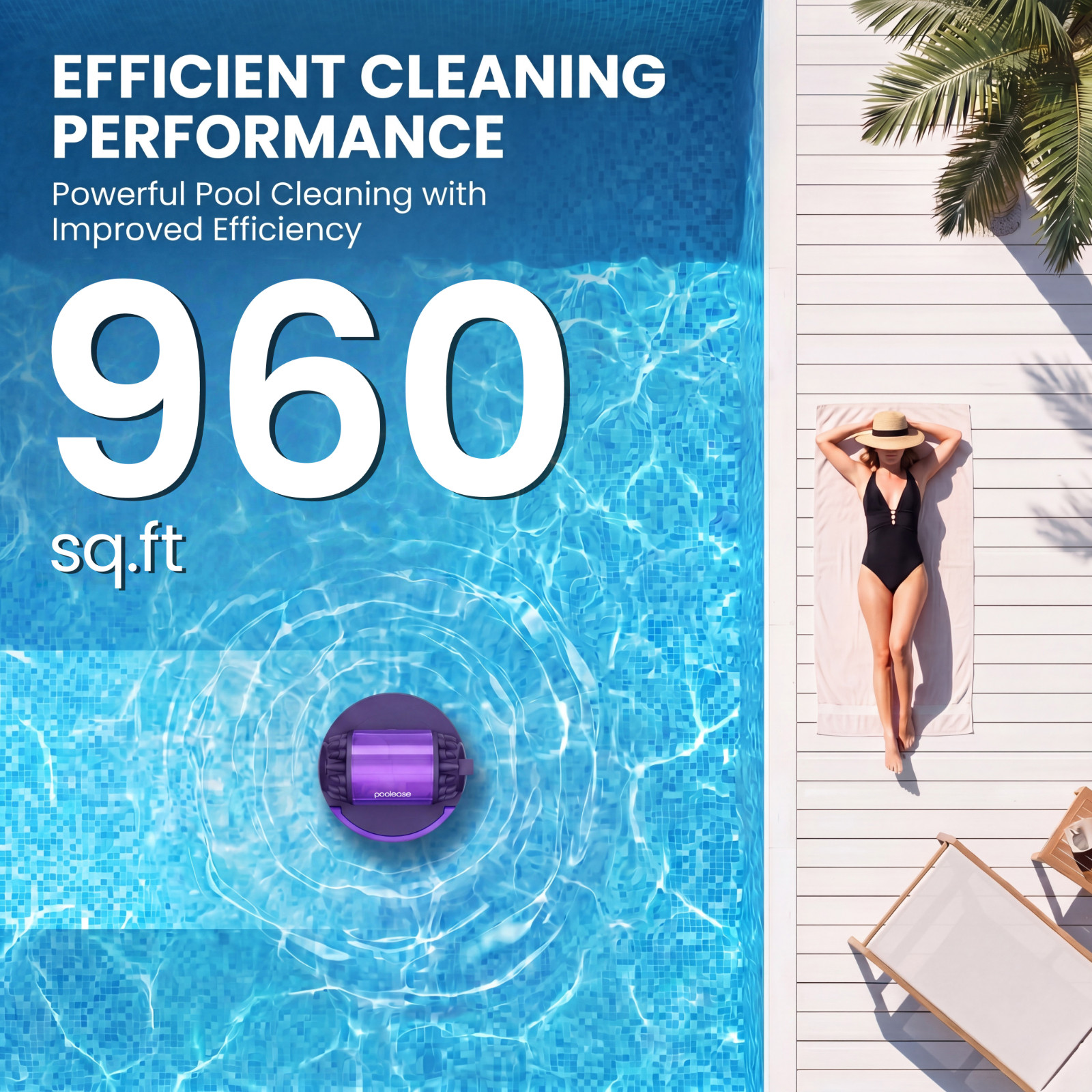 Poolease Cordless Robotic Pool Vacuum for Above Ground Flat Pool up to 960 Sq.ft