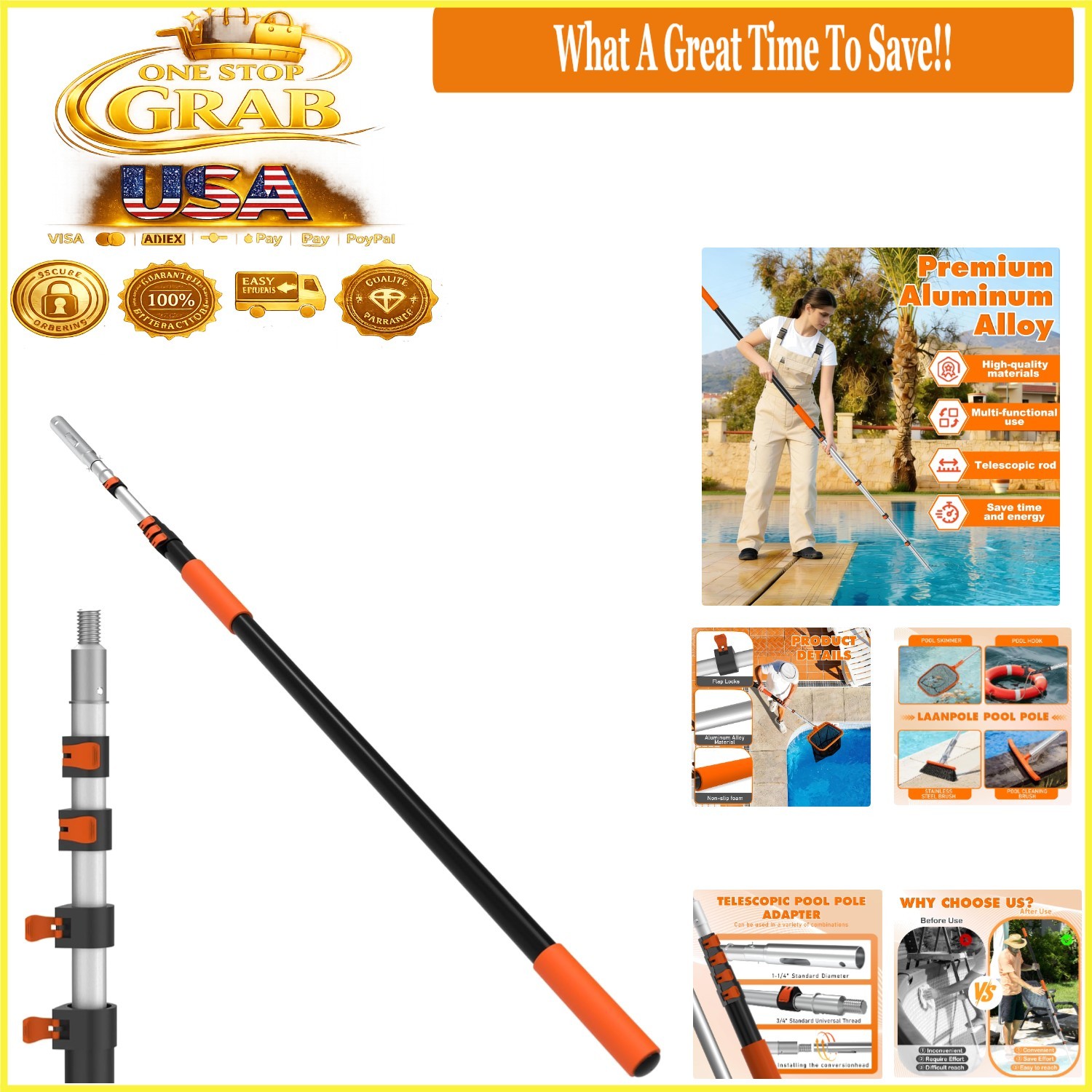 16ft Heavy Duty Telescopic Pool Pole Adjustable Aluminum Pool Cleaning Pole