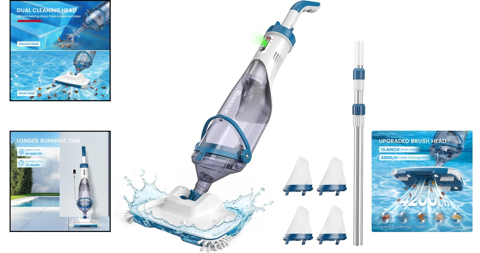 PC15 Cordless Pool Vacuum: 13.4″ Head & 87.5″ Telescopic for Fast Cleaning