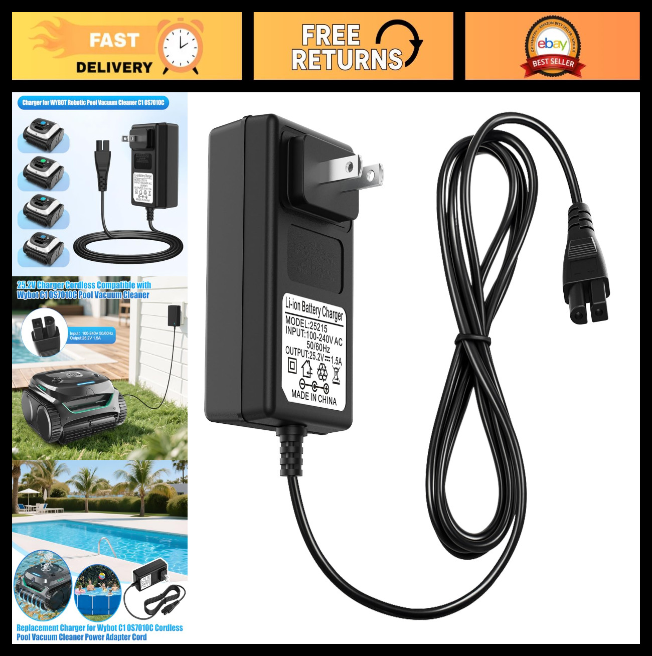 25.2V Charger Adapter for Robotic Pool Cleaner, Cordless Vacuum Power Supply