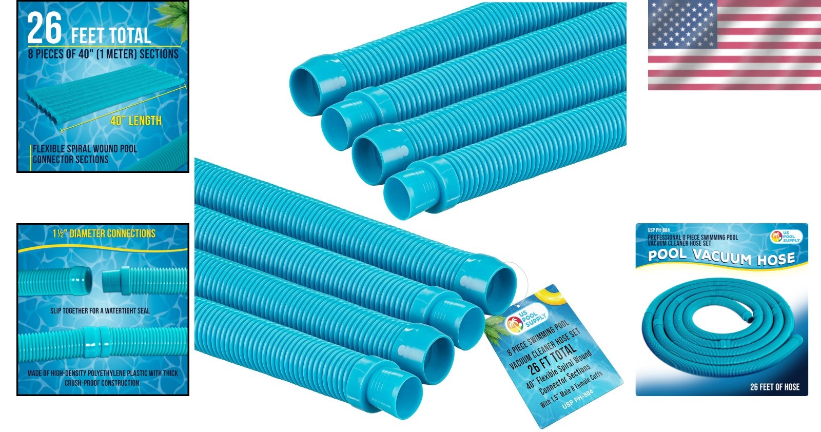 Universal Fit Teal Pool Vacuum Hose Set – 40” Sections for Easy Installation