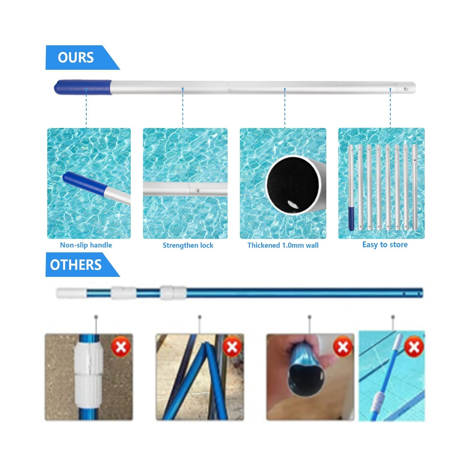 Poolvio Pool Deep Skimmer Net with 3ft – 10ft 1.0mm Thick Adjustable Telescop…