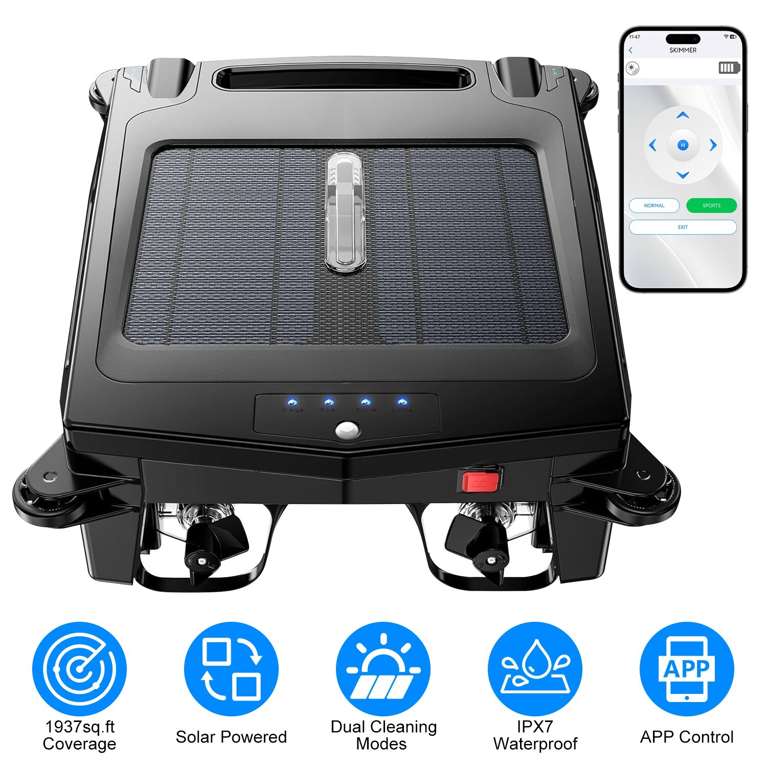 Auto Solar Powered Pool Skimmer in Stylish Design w/ 2 Cleaning Mode&APP Control
