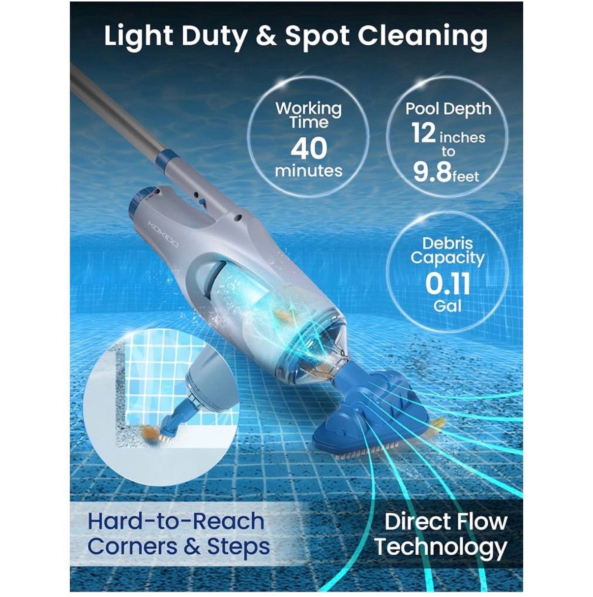 KOKIDO Cordless Handheld Pool Vacuum for Above Ground Pool, with 6ft Pole and 2