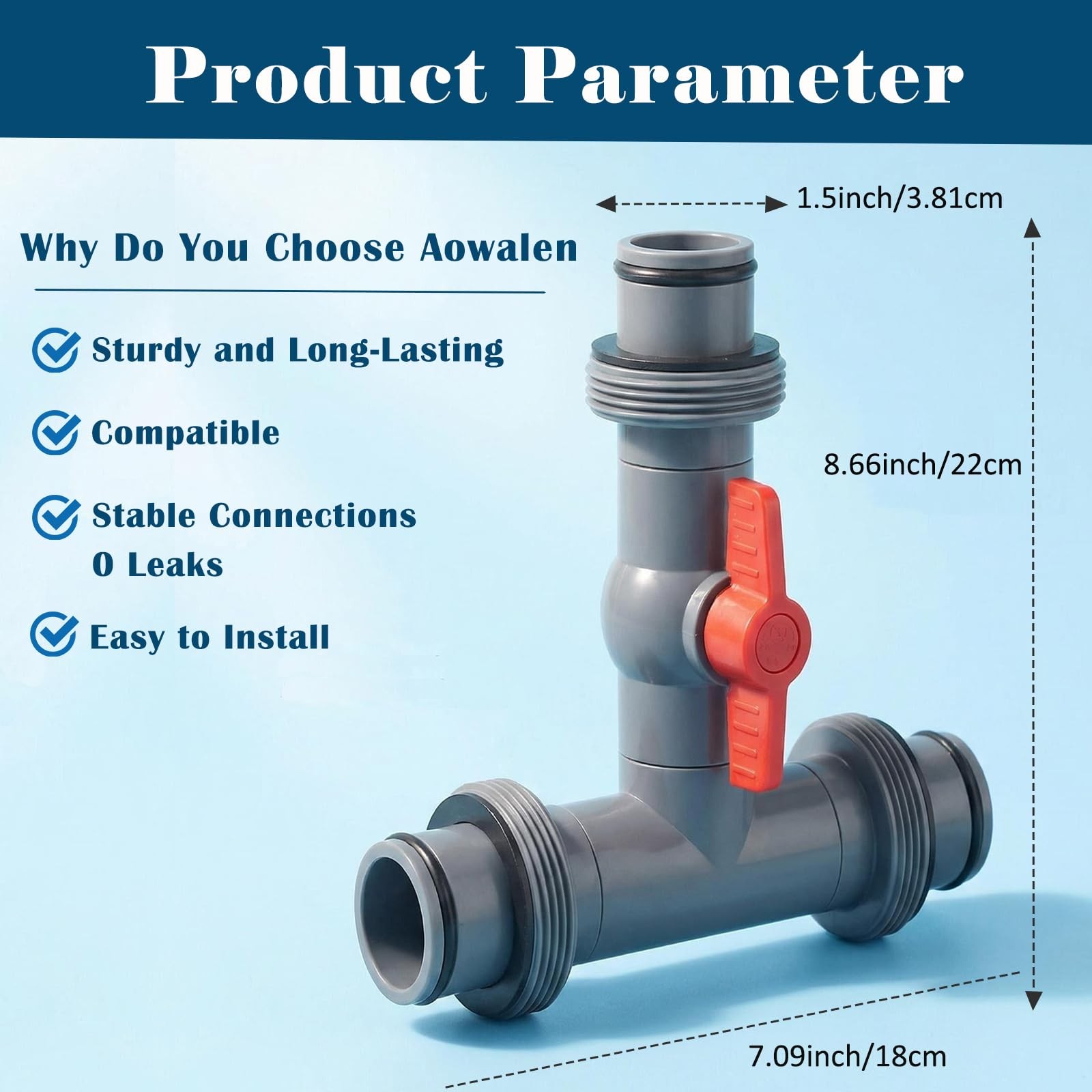 Pool Hose Tee with Valve, 1.5″ to Gray