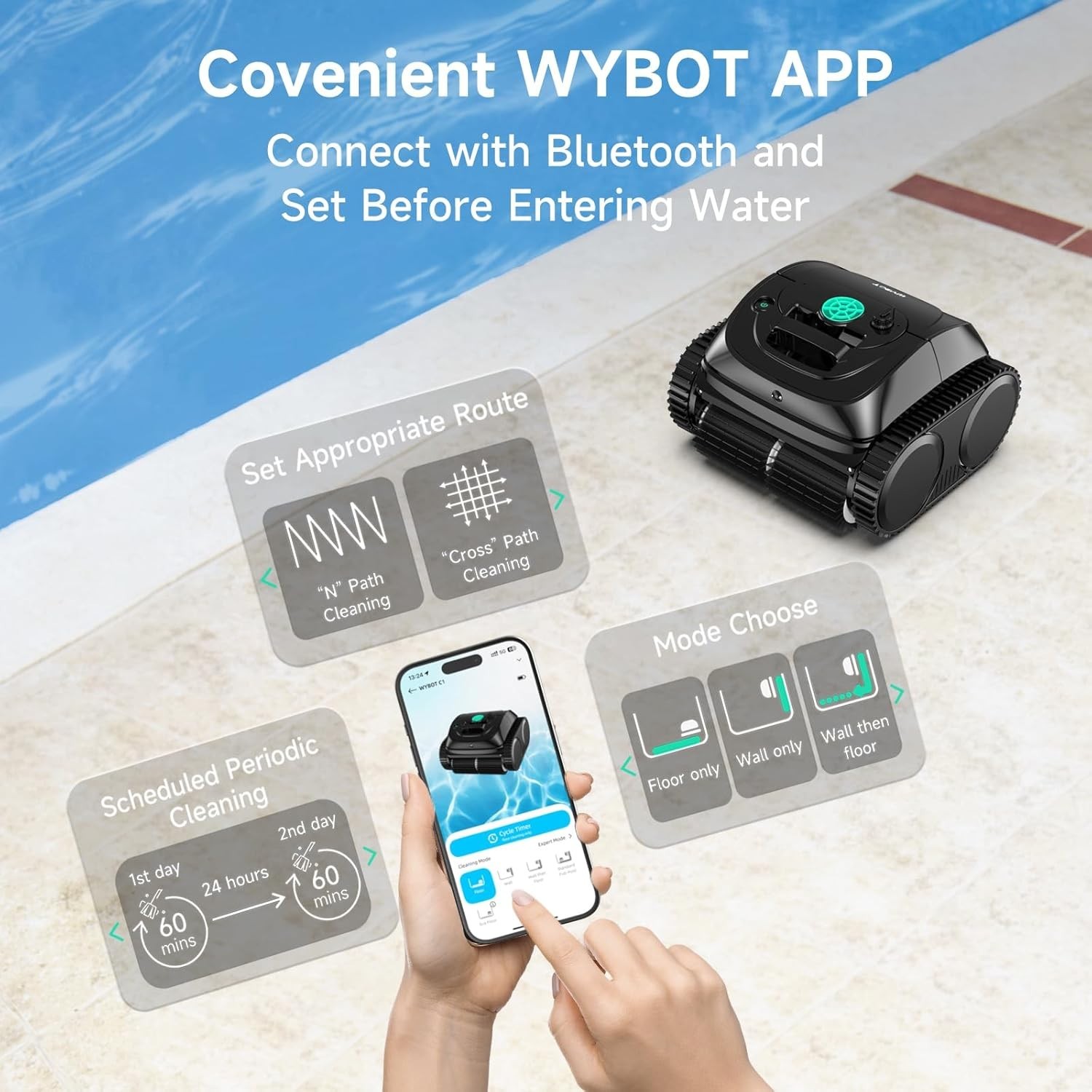 WYBOT C1 Wall Climb Robotic Pool Cleaner Cordless Pool Vacuum for In ground Pool