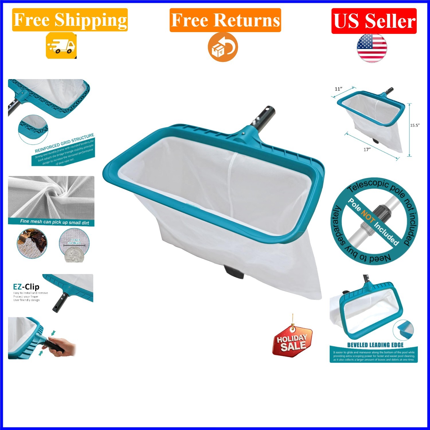 Heavy Duty Pool Leaf Rake 17in Net Pool Skimmer for In-ground & Above Ground …