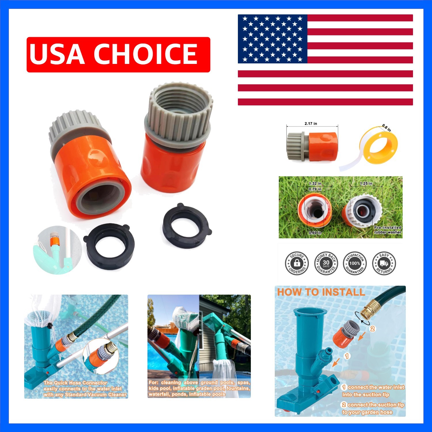 Quick Coupler for Portable Pool Vacuum, Suction Tip with Sealant Tape, Pool V…