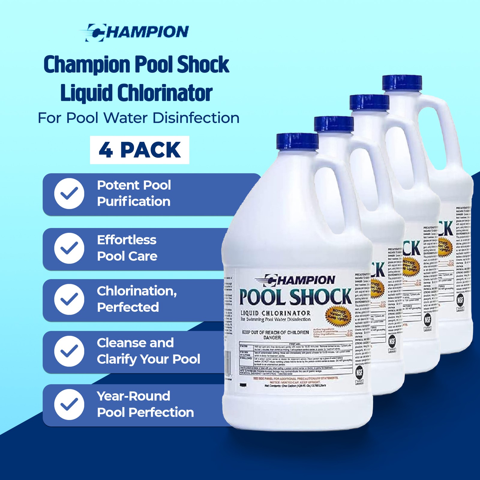 Champion Pool Shock Liquid Chlorinator for Pool Water Disinfection (4 Pack)