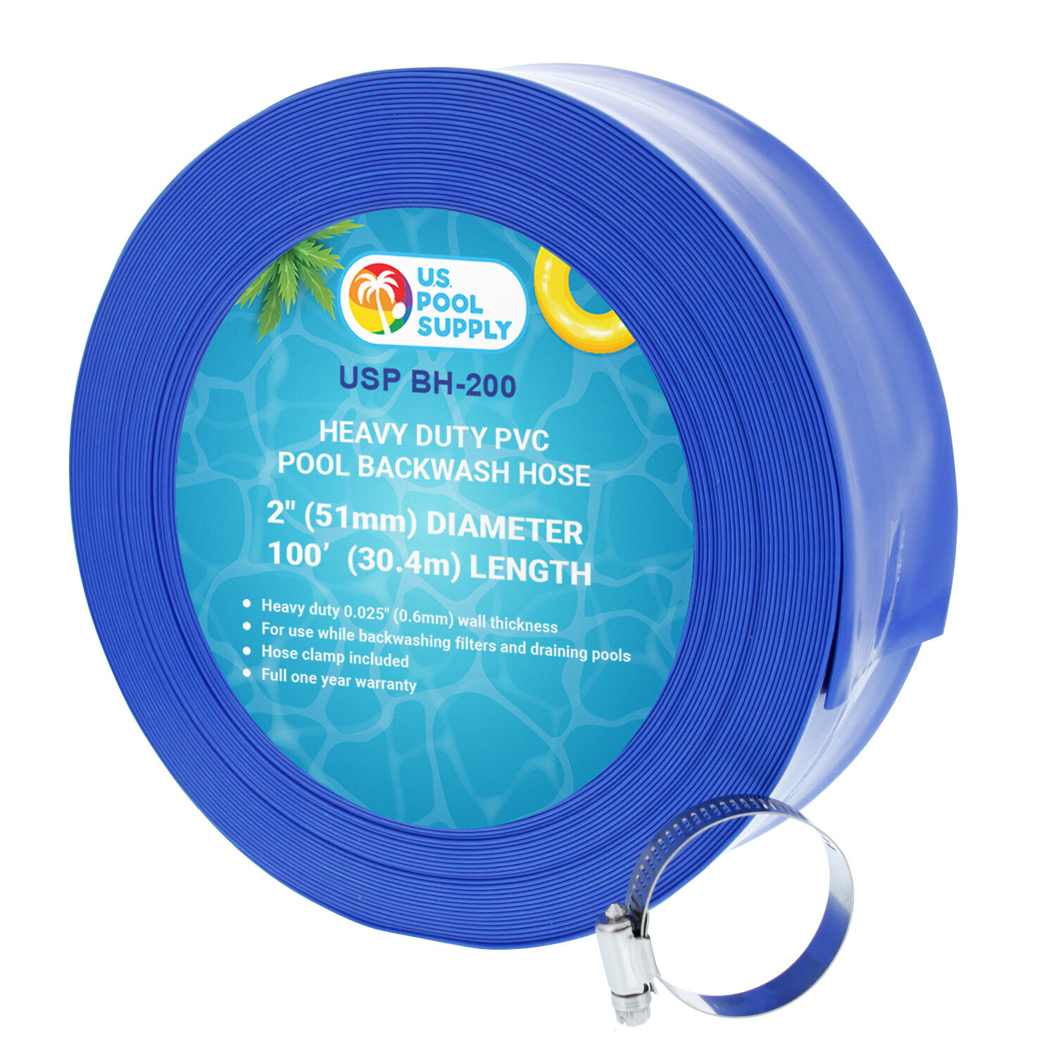 2″ x 100′ Heavy Duty Blue Swimming Pool Backwash Hose with Clamp, Discharge