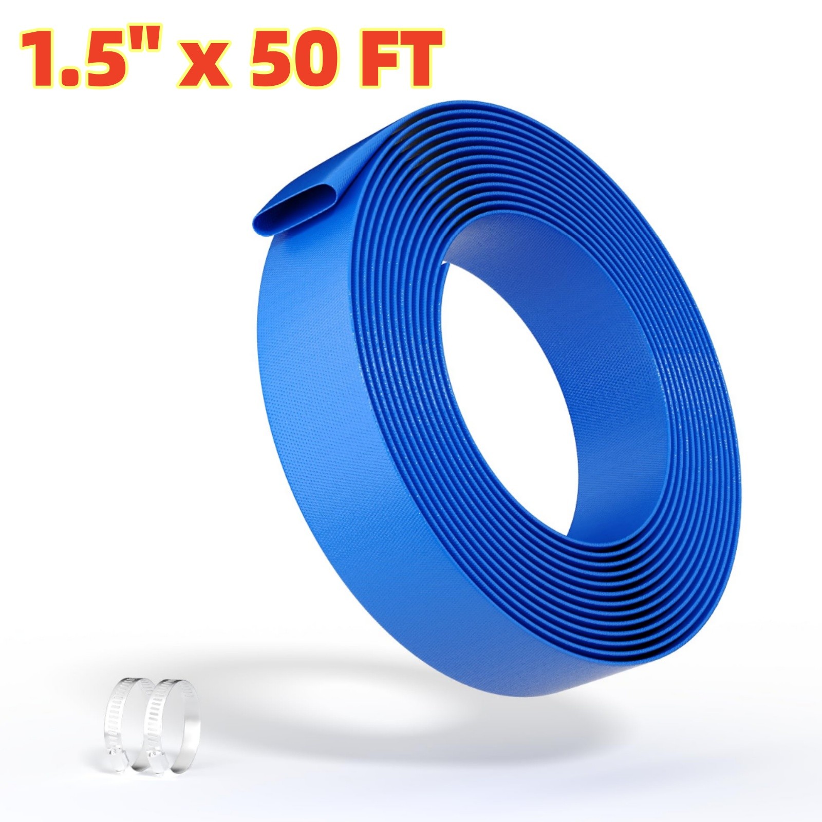 1.5inx50ft Lay Flat Hose PVC Backwash Discharge Drain Hose with Clamp Hose