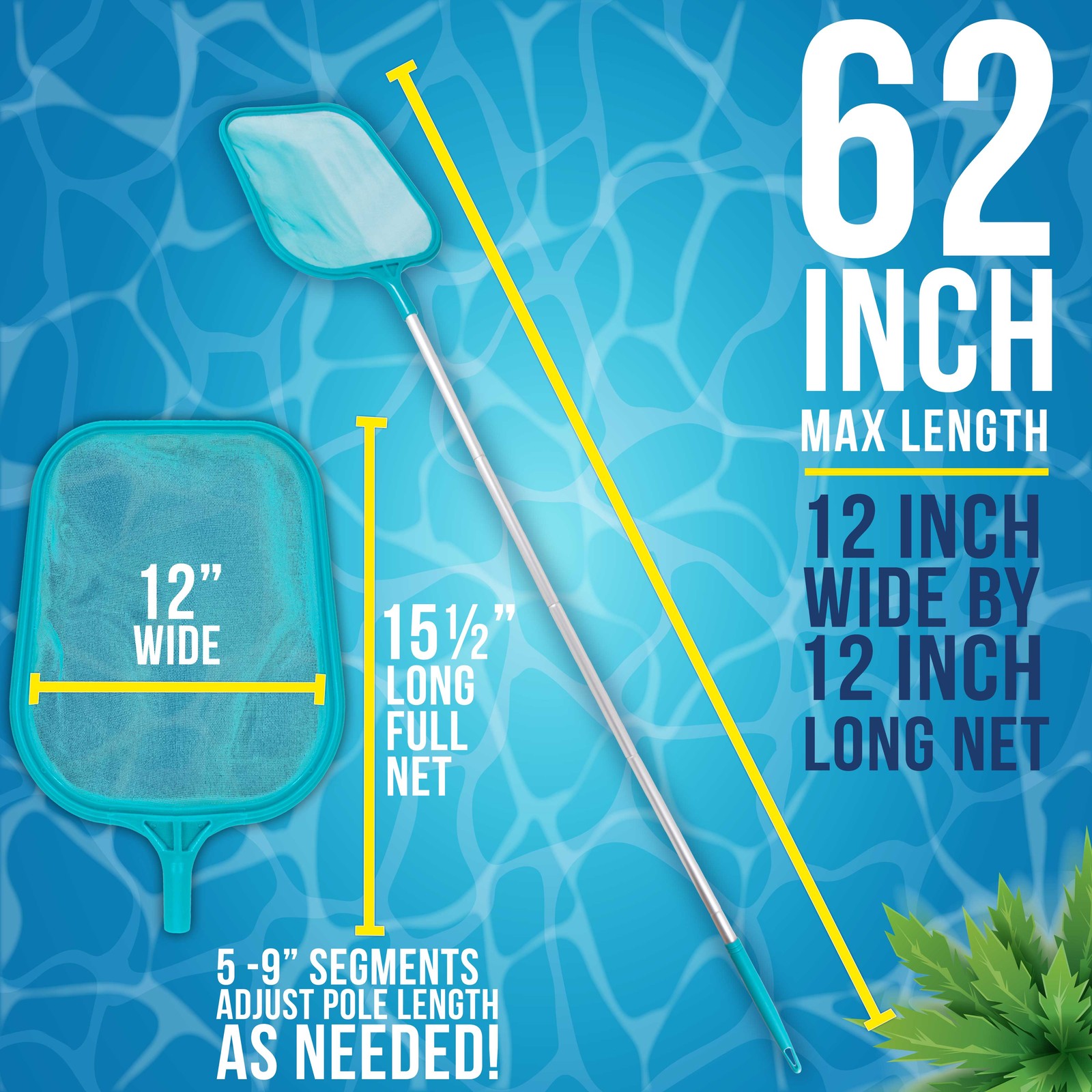 5ft Swimming Pool Leaf Skimmer Net, Aluminum Pole 5 Sections, Fine Mesh Netting