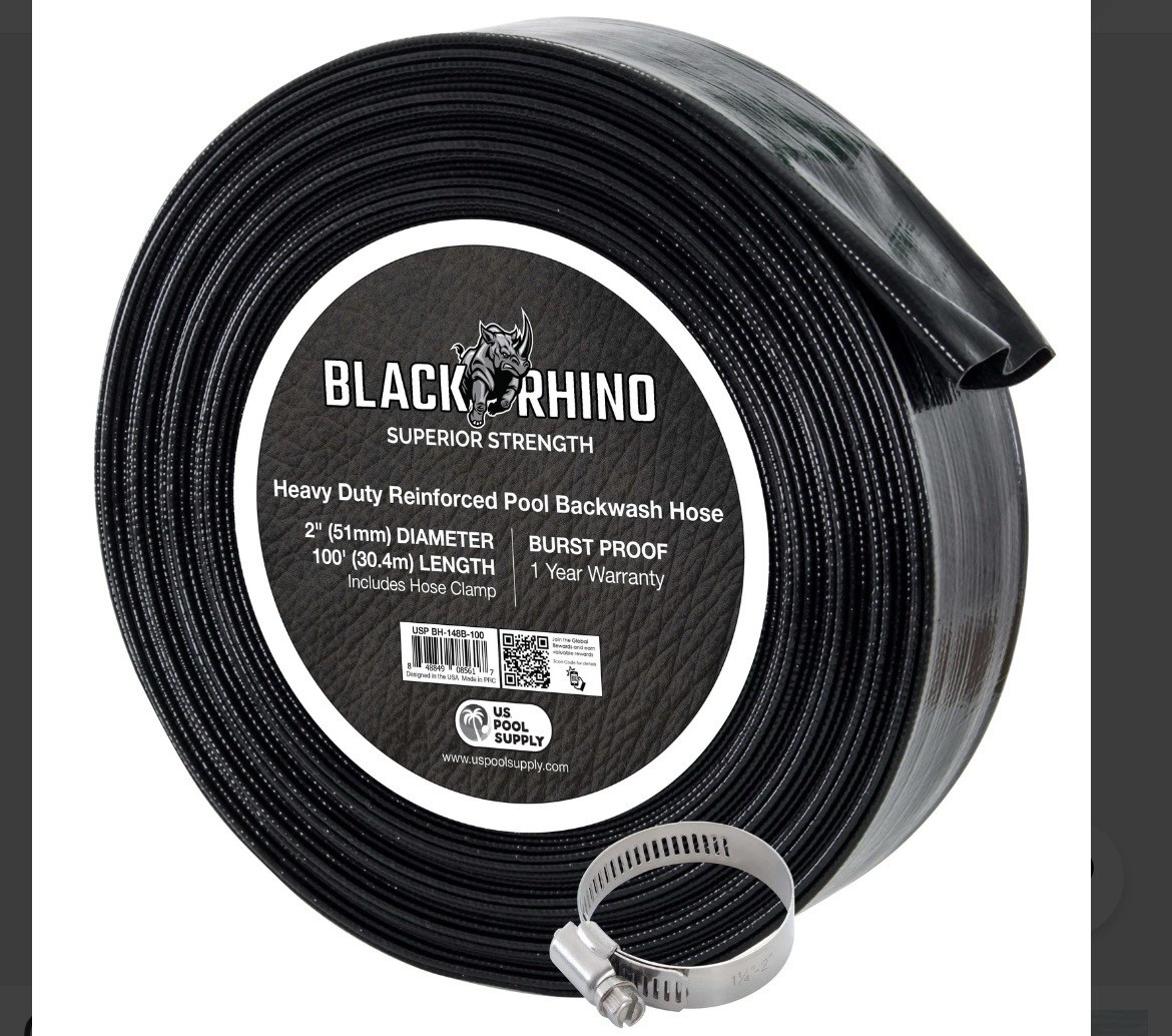 U.S. Pool Supply Black Rhino 2″ x 100′ Pool Backwash Hose with Hose Clamp